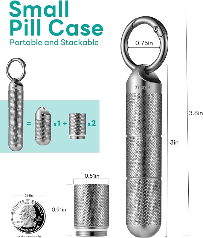 TISUR Titanium Keychain Pill Holder Small Metal Pill Case, Pill Organizer Portable Waterproof Pill Container, Travel Pill Bottle Box for Purse (Small-0.51in 3 Separate Compartments)