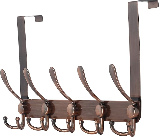 Dseap Over The Door Hook Hanger - Fits 1 3/8" to 1 3/4" Standard Doors | 5 Tri Hooks Heavy Duty Towel/Coat Rack | Door Organizer for Clothes, Jackets, Hats, Towels, Antique Copper