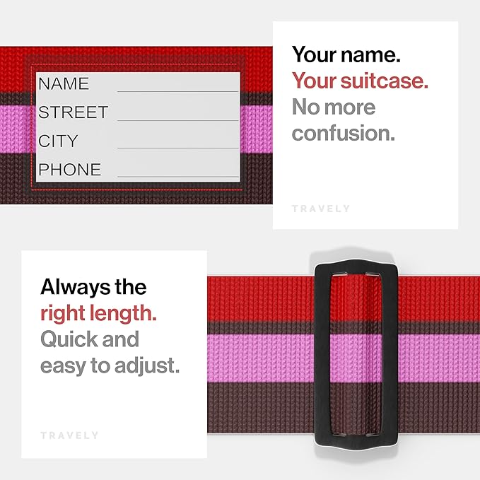 TRAVELY Luggage Straps - Particularly conspicuous & Secure - Incl. 2 Name Tags - Luggage Strap Ideal crosswise - [Set of 2]