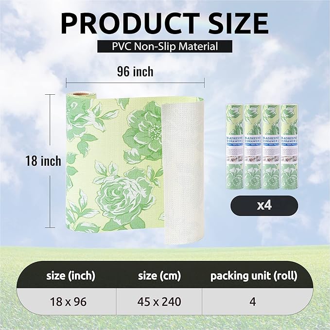 FIFTY FEET 18X96 Inch Shelf Liner for Kitchen Cabinets, PVC Drawer Liner for Dresser Non-Slip Bathroom, Non-Adhesive Cabinet Liner Washable (Green Flower)(4 Roll)