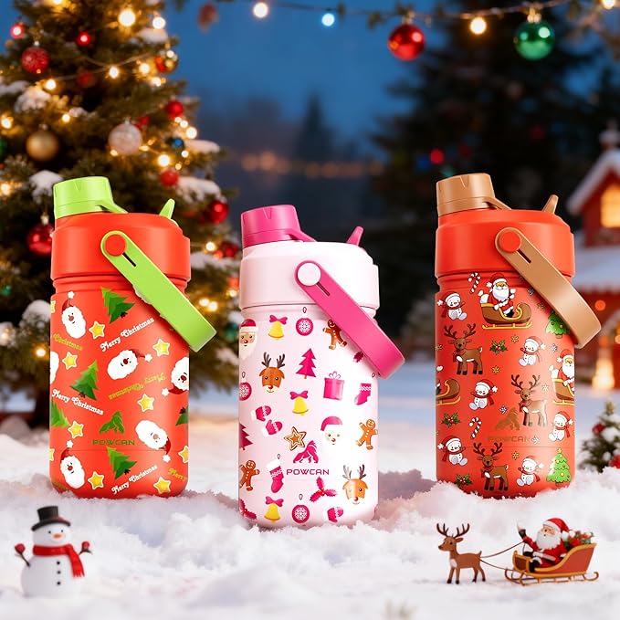 12 oz Christmas Kids Insulated Water Bottle: 2-in-1 Straw Spout Lid, Leakproof, BPA-Free, Stainless Steel Cup with Carrier Bag for School, Trip, Holiday Gift for Girls Daughters (Santa's Sweet Squad)
