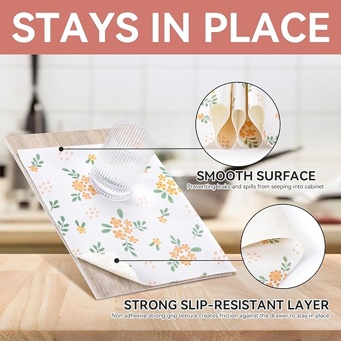 RAY STAR Shelf Liner, 18 Inch x 24 Feet Non-Adhesive Orange Floral Kitchen Cabinet Liner for Pantry Drawer Vanity, Strong Grip Non-Slip Waterproof, Shelf Liners for Kitchen Cabinets Cupboard