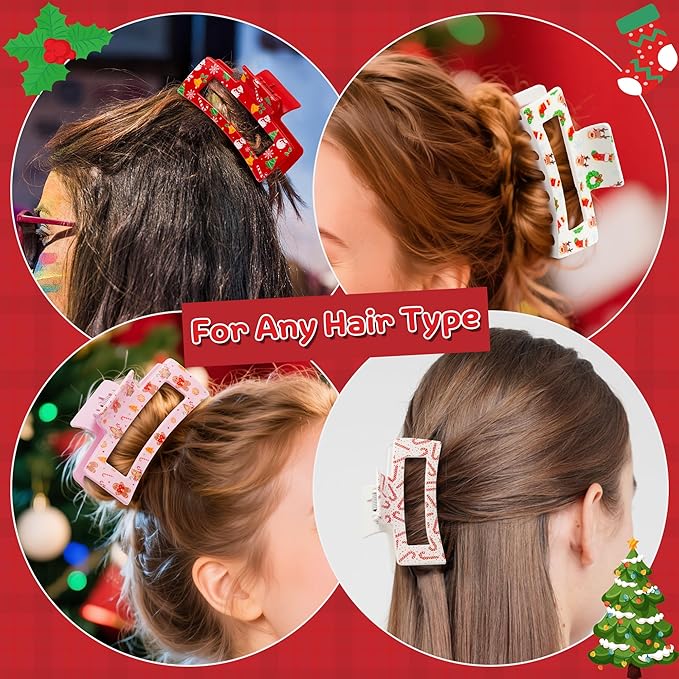 PANTIDE 8Pcs Christmas Hair Claw Clips for Women Girl - Xmas Candy Cane Snowflake Red Green Rectangle Nonslip Banana Hair Clips, Thin Thick Short Long Curly Accessories, Christmas Party Gift