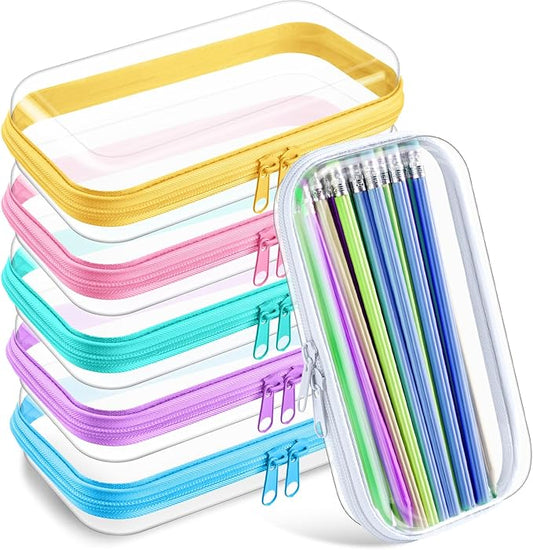 Sanwuta 6 Pcs Clear Hard Zipper Case Plastic Zipper Pouches Transparent Makeup Bag Pencil Case Pouches Toiletry Diaper Bag for Travel Toy Storage Organizer Bins(Colorful,7.48 x 3.94 x 2 Inch)