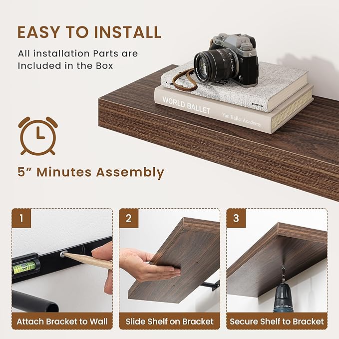 fuqing Floating Shelves for Wall, Wall Mounted Wood Floating Shelf with Invisible Brackets for Living Room, Bathroom, Bedroom, Kitchen Storage and Decor, 48 Inch Set of 2, Walnut