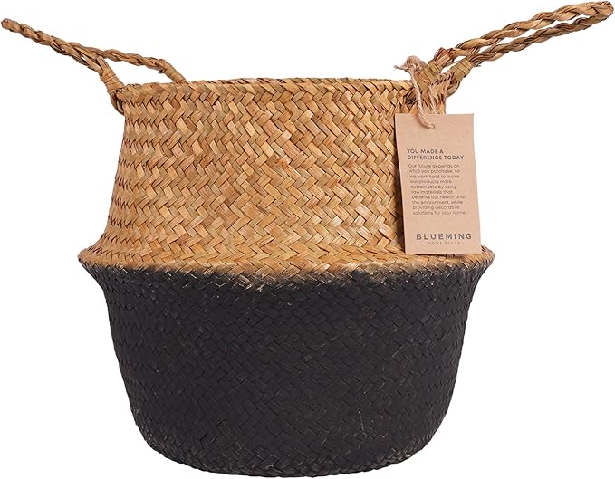 Blueming Home Wicker Plant Basket – Medium Seagrass Planter Pot for Faux Olive Trees or Houseplants, Decorative Woven Black Bottom Wicker Planter for Living Room, Shelf, or Entryway