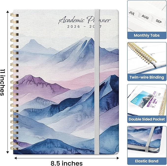 Planner 2026-2027, Academic Monthly and Weekly Calendar Planner for Women, July 2026 - June 2027, Hardcover Pretty Agenda Planner Book with Tabs, Spiral Daily Organizer for School Office Home Supplies, 8.5" x 11" - Distant Peaks