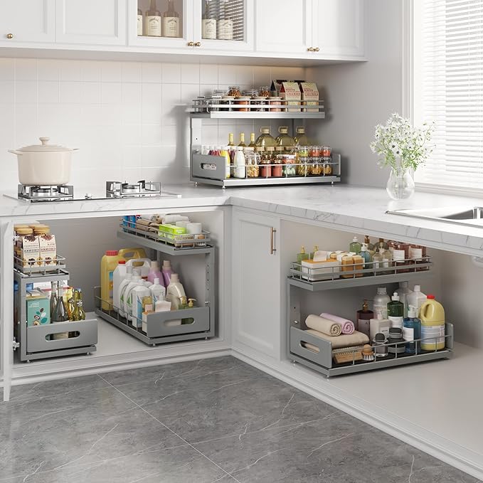 1 Pack 18 IN Depth Under Sink Organizer with Smooth Ball Bearing Slides, 2-Tier Pull Out Cabinet Storage, Slide Out Drawers for Bathroom&Kitchen, Rust-resistant Coating, Height Adjustable - Gun Gray