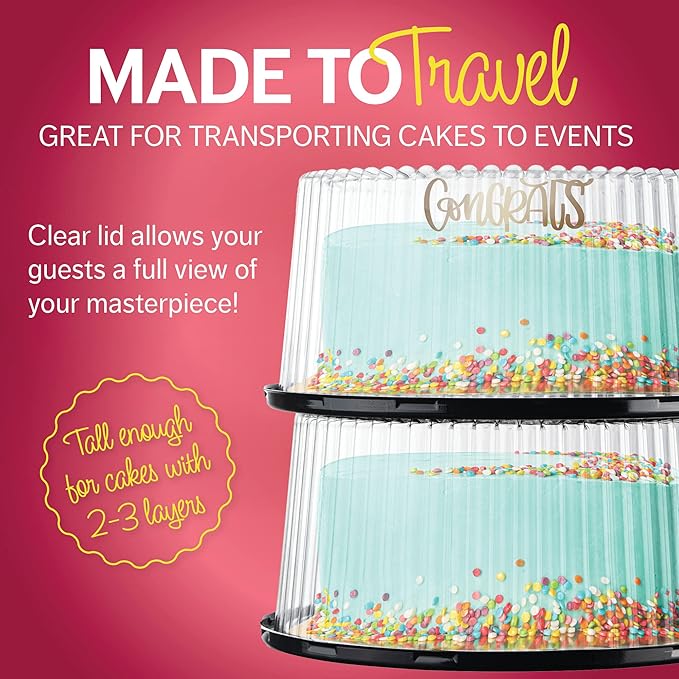 10 - 11" Plastic Disposable Cake Containers Carriers With Dome Lids And Cake Boards [5 Pack] And Cake Server | Round Bundt Cake Boxes / Cover | 2-3 Layer Cake Holder Display Containers For Transport