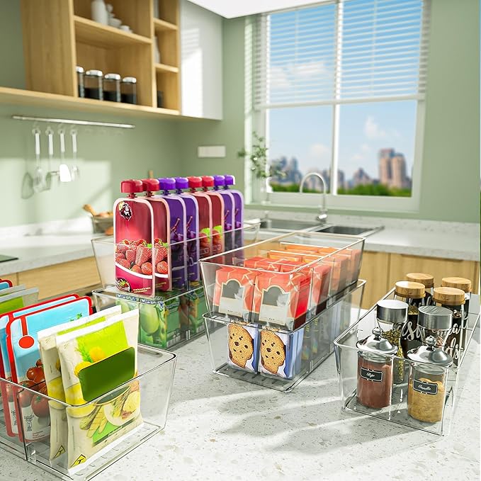 BALEINE Clear Plastic Storage Bins with 3 Removable Dividers, Pantry Organization, BPA Free Stackable Refrigerator Organizers and Storage for Kitchen Fridge Cabinet Bathroom (10.5x6.1x3.5, 6PK)