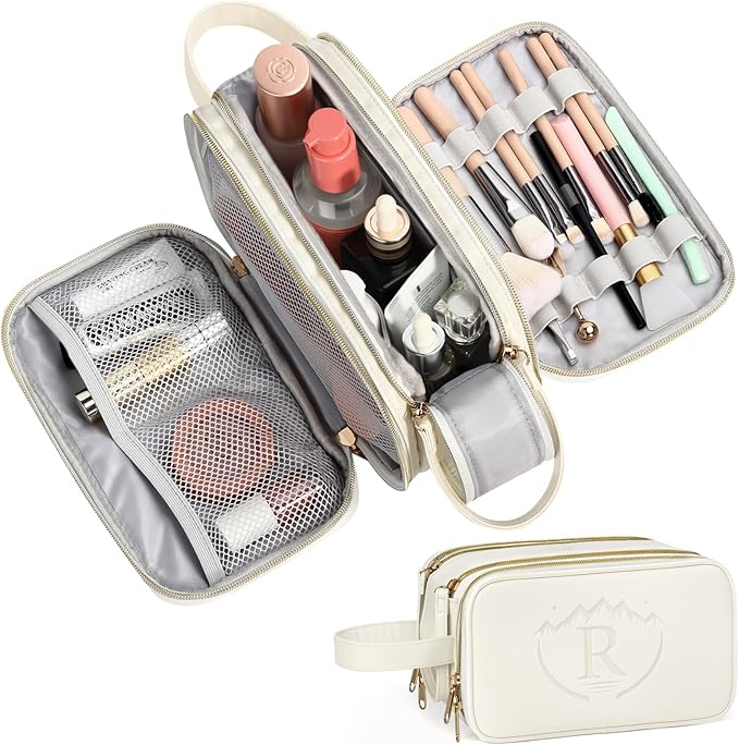 Travel Toiletry Bag for Women, Toiletry Bags for Traveling Women's Leather, Compartments Make Up Bags for Women, Cosmetic Pouch Organizer, White- R