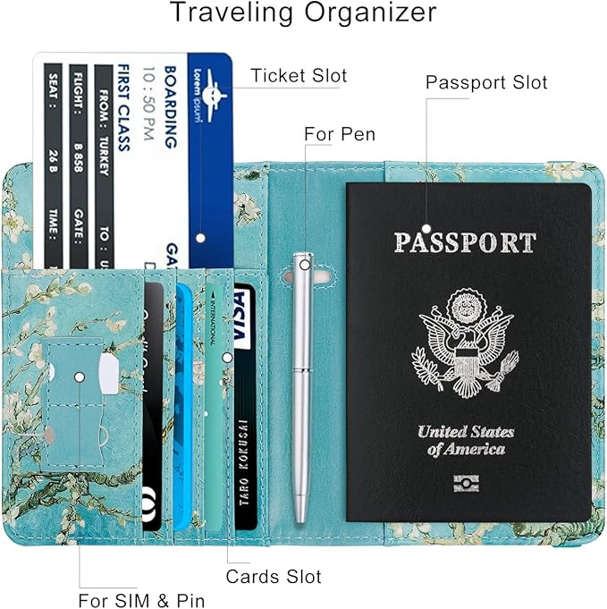 WALNEW Passport Holder for Travel, RFID Passport Cover Wallet for Women Men, PU Leather Passport Book Card Holder Case with Pen, Travelling Essentials for Flying