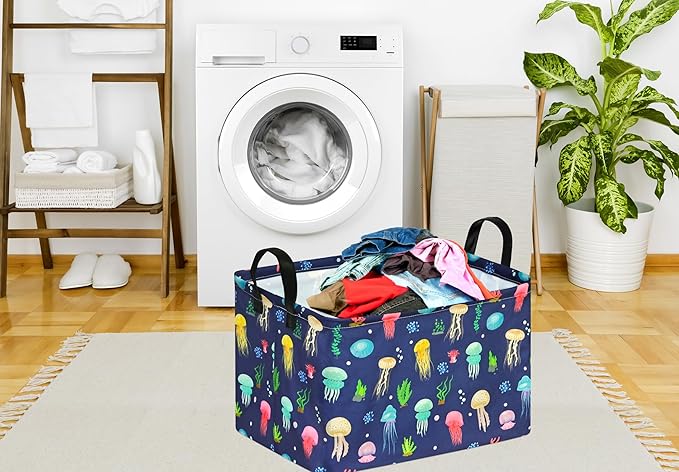 KUNRO Rectang Storage Basket Gift Shelf Basket Storage Bin, Nursery Basket Organizer Box for With Handles for Room Deco (Colorful Jellyfish)