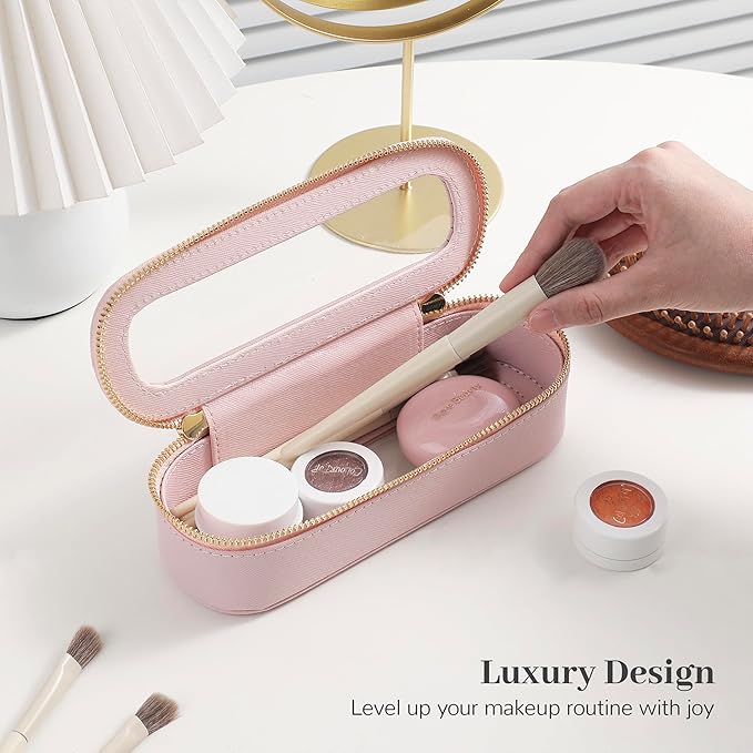 Aveniee Slim Clear Makeup Brush Bag, Small Cosmetic Brush Holder, Mini Toiletry Bag Travel Case for Women, Thin Makeup Bags with Dual Zipper, Cute Travel Essentials Bag Organizer - Pink