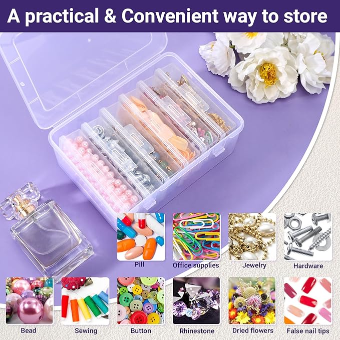 Cosics Bead Organizers and Storage, Clear Plastic Bead Storage Containers with Lid, 6 Mini Rectangles Boxes for DIY Jewelry, Bracelet Making, Stickers, False Nails, Screws, Seeds