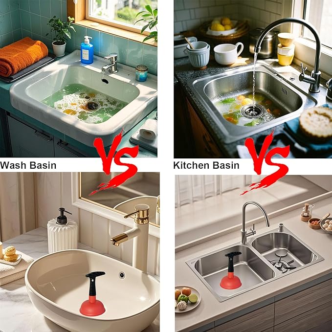 Mini Sink & Drain Plunger with Short Handle - Heavy-Duty Rubber Cup & Ergonomic Grip for Powerful Suction, Unclog Slow Drains in Sinks, Tubs, Showers, Bathrooms, Kitchens, Compact, Space-Saving Design