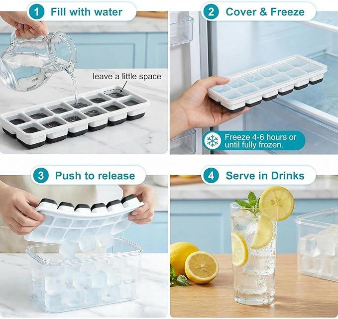 NFK Ice Cube Tray with Lid & Bin - 4 Pack 48 Cubes Stackable Silicone Trays for Freezer with Storage Container, Leak-Proof Lids, BPA-Free, Easy Release for Kitchen, RV, Party, Cocktail & Coffee