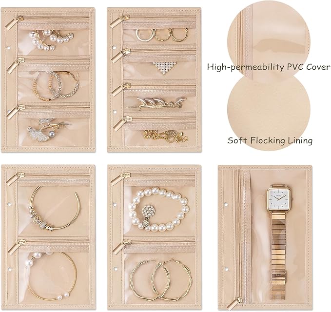 Vlando Jewelry Book Organizer - Leather Travel Jewelry Case with 5 Detachable Pages for Necklaces, Rings, Earrings, Tangle-Free, Giftable, Offwhite