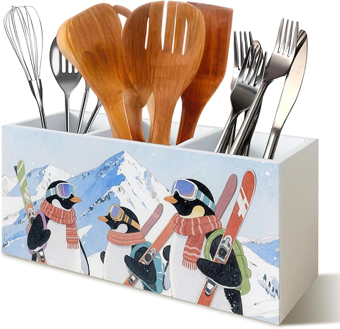 Winter Skiing Penguin Pen Pencil Holder Organizer for Desk, Penguin Gifts for Women, Winter Snowy Mountains Animal Wood Cooking Kitchen Utensils Utensil Organizer Holder Decor