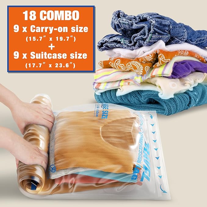 18 Compression Bags for Travel Essentials, Vacuum Packing Space Saver Bags for Cruise Accessories (18-Travel)