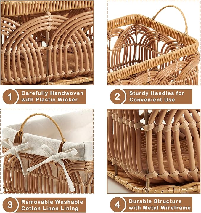VinneGenzz 2PCS Plastic Wicker Storage Baskets Set Decorative Bohemian Handmade Woven Bathroom Boxes Bins Shelf Closet Cloth Toilet Paper Container Laundry Organizer with Handles Removable Liner