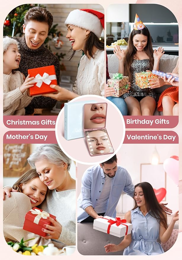 Compact Mirror, Rechargeable 30X Magnifying Mirror with 3 Lighting Modes & Dimmable Brightness, Portable Travel Makeup Mirror with Light, Essentials for Travel, Pocket, Purse, Gifts for Women Rose