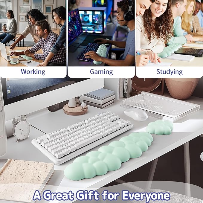 Cloud Wrist Rest Keyboard, Cloud Keyboard Wrist Pad Set with PU Leather Memory Foam, Cute Arm Rest for Palm Support, PC/Gaming Desk Accessories/Office Setup/Computer Hand Cushion - Light Green