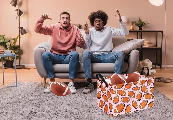 KUNRO Rugby Pink Balls Pattern Storage Basket Gift Shelf Basket Storage Bin, Nursery Basket Organizer Box for With Handles for Room Deco