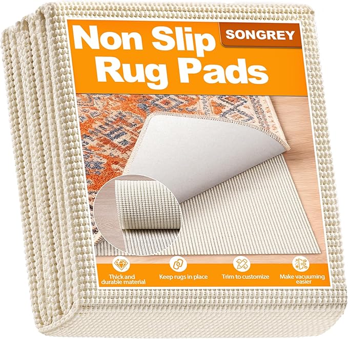 Songrey Non-Slip Rug Pad 3x5 FT, Extra Thick Carpet Pads for Hard Surfaces, Prevents Sliding and Secures Rugs, Provides Floor Protection with Comfort Cushioning