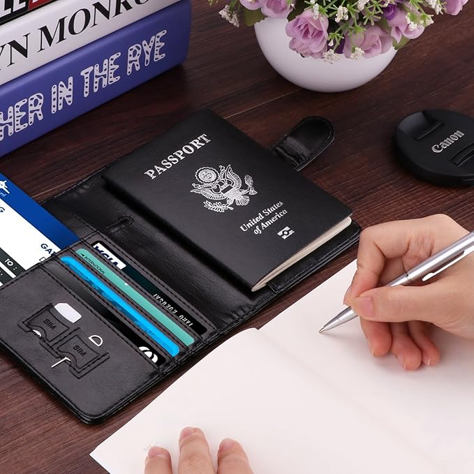WALNEW Passport Holder for Travel, RFID Passport Cover Wallet for Women Men, PU Leather Passport Book Card Holder Case with Pen (Buckle Closure, Buckle-Black)