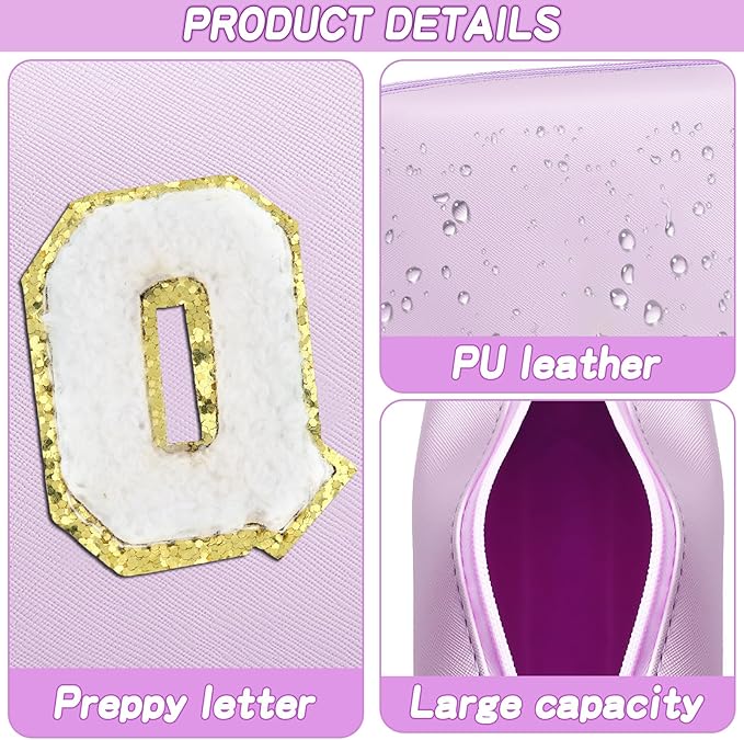 Gifts for Girls Initial Makeup Bag Personalized Cosmetic Bag with Zipper Cute Travel Toiletry Bag Waterproof PU Preppy Makeup Pouch Birthday Gift for Teen Girls Women(Purple Q)