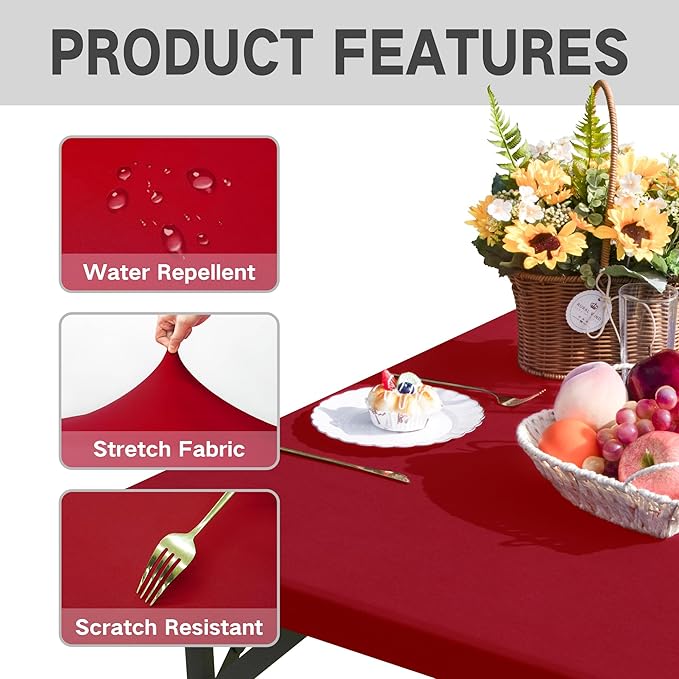 Square Fitted Table Cover Elastic Tablecloth Stretch Spandex Table Top Cover Table Topper Cap for Dining Kitchen Home Party Burgundy 36X36 Inch