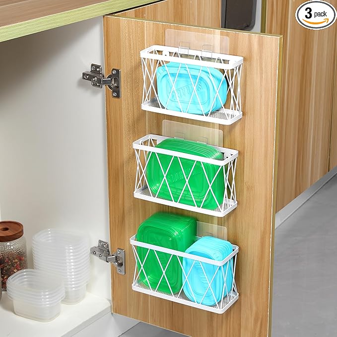 YIGII 3 Pack Adhesive Cabinet Door Organizer - Lid Storage Organizer for Tupperware, Wall Mounted Pantry Door Organizer Kitchen RV Storage Wall Under Sink Basket Slim Space, White Stainless Steel