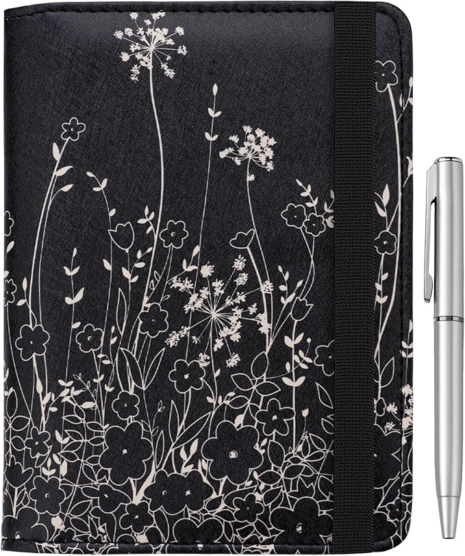 WALNEW Passport Holder for Travel, RFID Passport Cover Wallet for Women Men, PU Leather Passport Book Card Holder Case with Pen (Elastic Band Closure, D-Black Flowers)