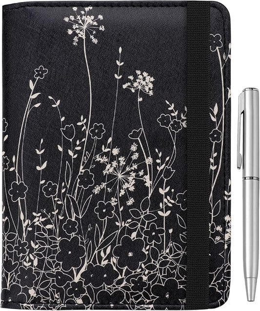 WALNEW Passport Holder for Travel, RFID Passport Cover Wallet for Women Men, PU Leather Passport Book Card Holder Case with Pen (Elastic Band Closure, D-Black Flowers)