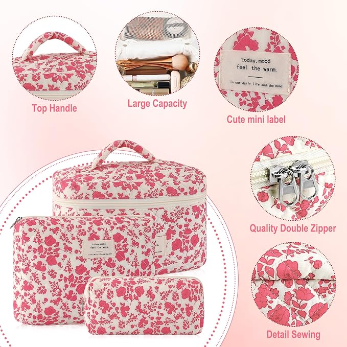3Pcs Cotton Quilted Makeup Bag for Women Large Small Travel Cosmetic Bag Set Cute Pink Floral Print Makeup Pouch for Purse Portable Skincare Bags Coquette Vintage Puffy Travel Essential