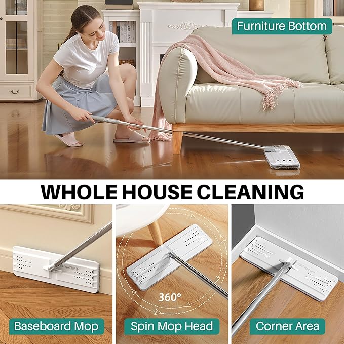 JOYMOOP Mop and Bucket Set, Hands-Free Flat Floor Mop, 8 Washable Microfiber Pads, Wet and Dry Use, Commercial & Household Floor Cleaning System, Ideal for Home and Office