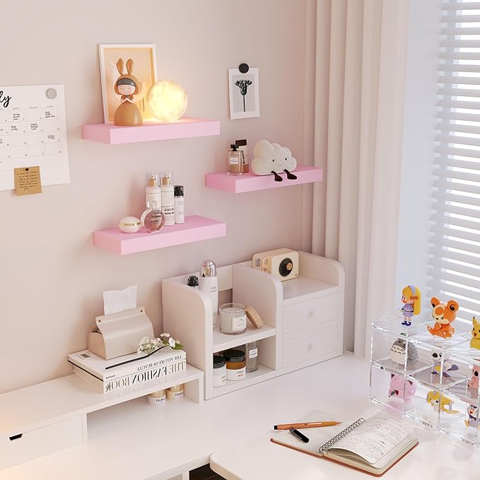 Small Pink Floating Shelves for Wall - 12 x 9 Inch Shelves for Bedroom, Living Room, Bathroom, Kitchen, Office Decor Set of 3