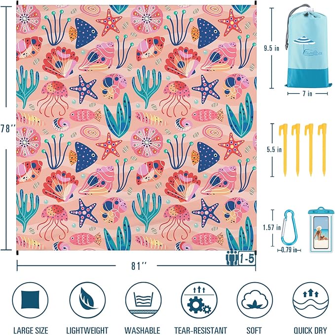 Famstar Beach Blanket Sandproof Waterproof 78''×81''1-5 Adults Oversized,Compact Lightweight Durable Beach Mat for Travel Camping Hiking Picnic Blanket