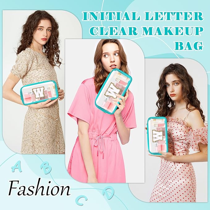 Personalized Initial Letter Clear Makeup Bag,Preppy Small Nylon&PVC Cosmetic Zipper Bag with Chenille Letter,Portable Beach Travel Skincare Toiletry Bag,Trendy Monogram Gift for Teen Girls Women,W