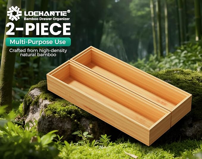 Bamboo Kitchen Drawer Organizer Boxes – 12" x 3" Stackable Wood Silverware Utensil Tray for Drawers Bins, Cutlery & Flatware Storage – Wooden Organizers Set of 2 for Junk Drawer, Bathroom, RV