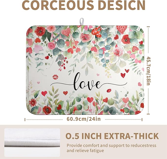 Valentines Day Love Heart Rose Eucalyptus Leaves Dish Drying Mat for Kitchen Counter 18x24 Inch Spring Valentine Microfiber Absorbent Dish Drainer Mats Reversible Drying Pad