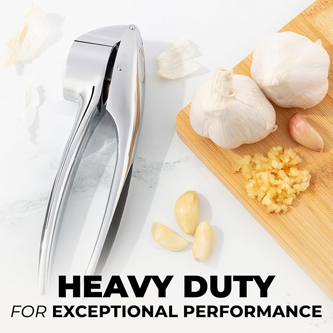 Zulay Kitchen Large Premium Garlic Press Set – Rust Proof & Dishwasher Safe, Bigger Bowl Garlic Mincer Tool with Silicone Garlic Peeler & Brush, Easy Squeeze & Clean, Ergonomic Handle - Chrome