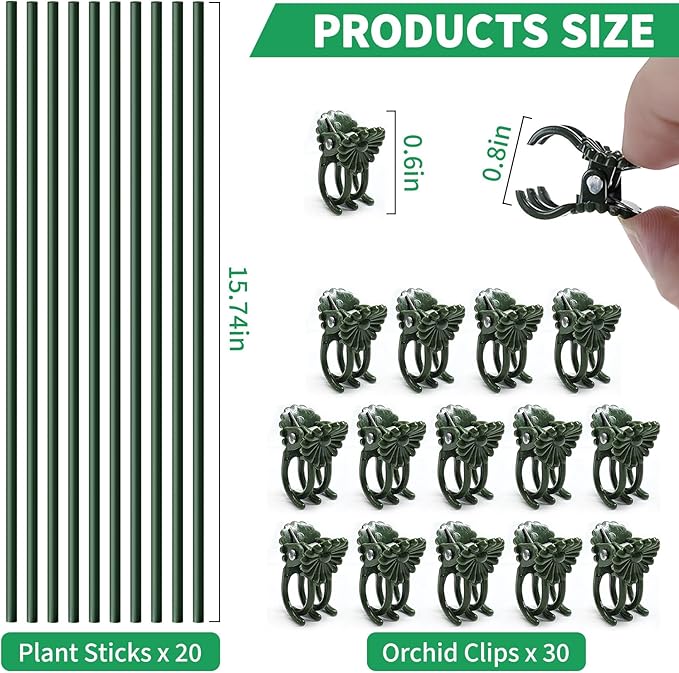 20pcs 15.7" Plant Stakes with 30pcs Clips, Bendable Orchid Stakes and Clips Set, Tall Support for Indoor/Outdoor Plants, Potted Plants, Single-Stem Vines, Flower Plant Support Sticks for Orchid, Rose, Peony