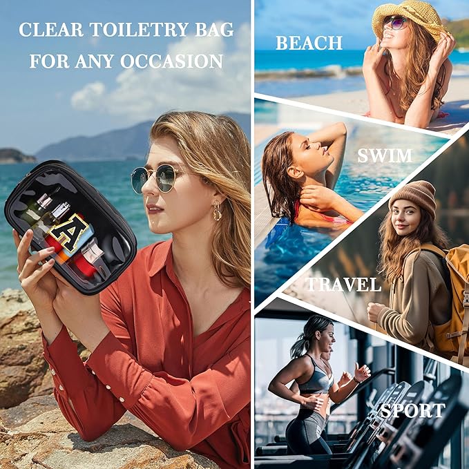 YOOLIFE Travel Toiletry Bag for Women, Black Clear Makeup Bag Cute Make Up Bag Cosmetic Bags Skin Care Makeup Bag Organizer Birthday Gifts for Women Teacher Mother Girlfriend Initial P