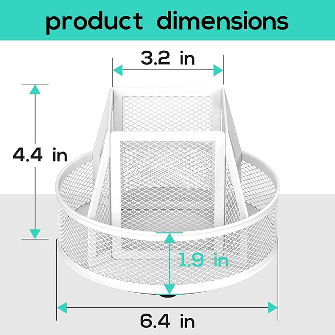 YINGHUA Metal Mesh Desk Organizer with 5 Compartments and Rotating Pencil Holder Pen and Stationery Organizer for Office Home School Anti Slip Base White