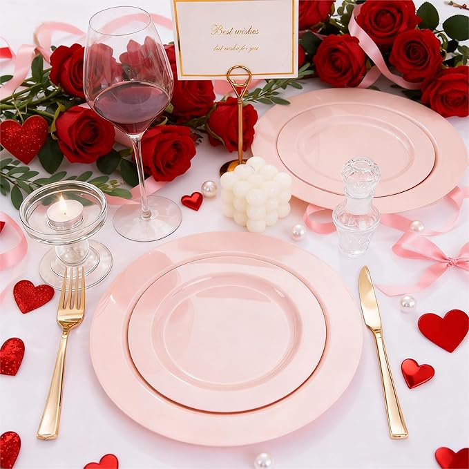 FLOWERCAT 60PCS Pink Plastic Plates - Heavy Duty Pink Plates Disposable for Easter Party&Valentine's Day/Wedding - serving 30 guests Include 30PCS 10.25inch & 30PCS 7.5inch