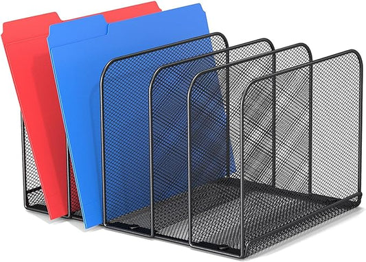 5 Sections Desk File Holder/Rack/Sorter,Mesh File Organizer,File Folder Organizer,Metal Upright Desktop Organization for Documents,Magazine,Kitchenware,Antiskid,Antirust,Sturdy,1 Pack