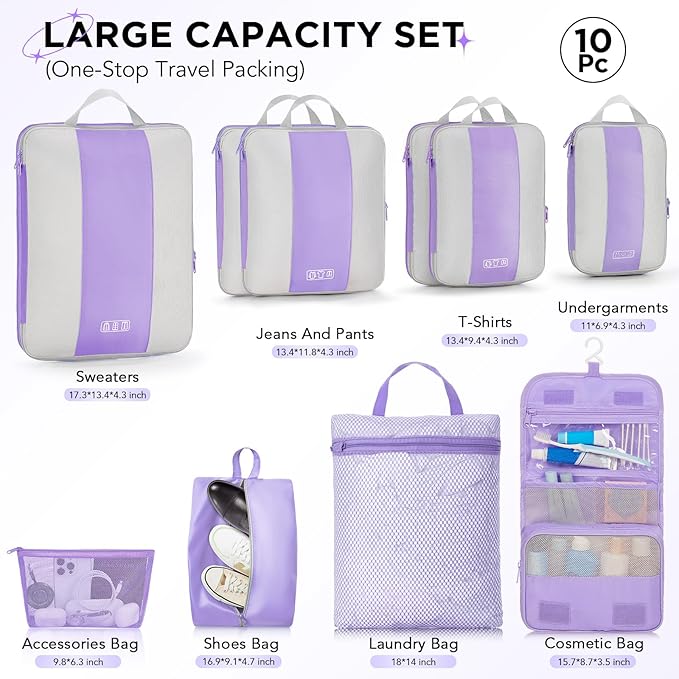 10 Set Compression Packing Cubes for Travel Essentials, Compressible Expandable Packing Cubes for Suitcase, OlarHike Luggage Organizer Bags for Travel, Handy Helper for Organizing Clothes (Light Purple)