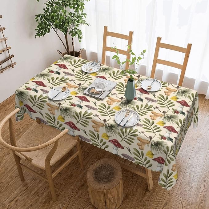 VIMPEYDON Forest Mushroom Table Cloth for Dining Tables, Reusable Herb Botanical Tablecloths Kitchen Plant Green Leaves Tabletop Decoration Rectangle Table Cover for Holiday,Party,Picnic, 54x72 Inch
